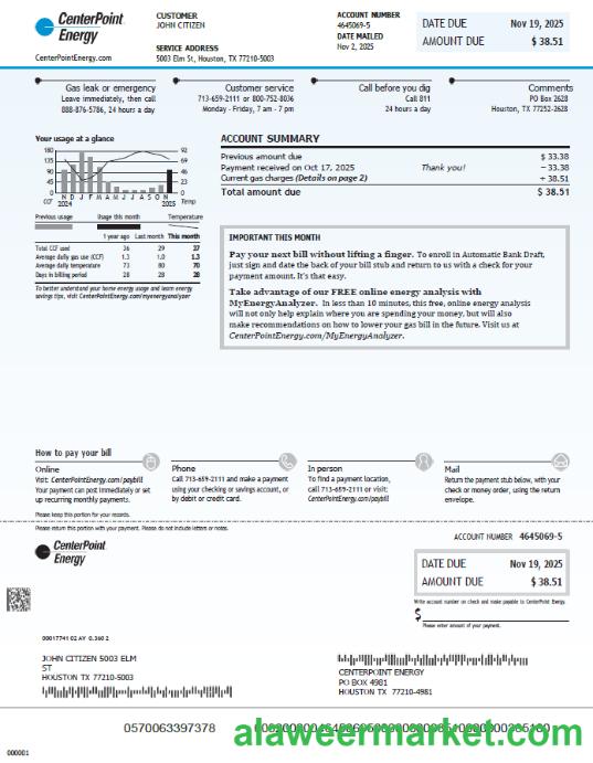 USA Center Point Energy utility bill template in Word and PDF formats